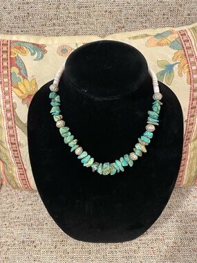 Natural Turquoise Chip Necklace with Silver Accent Beads - Women Jewelry